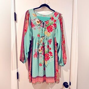 Umgee Floral Mint Dress with Pink and Red Accents